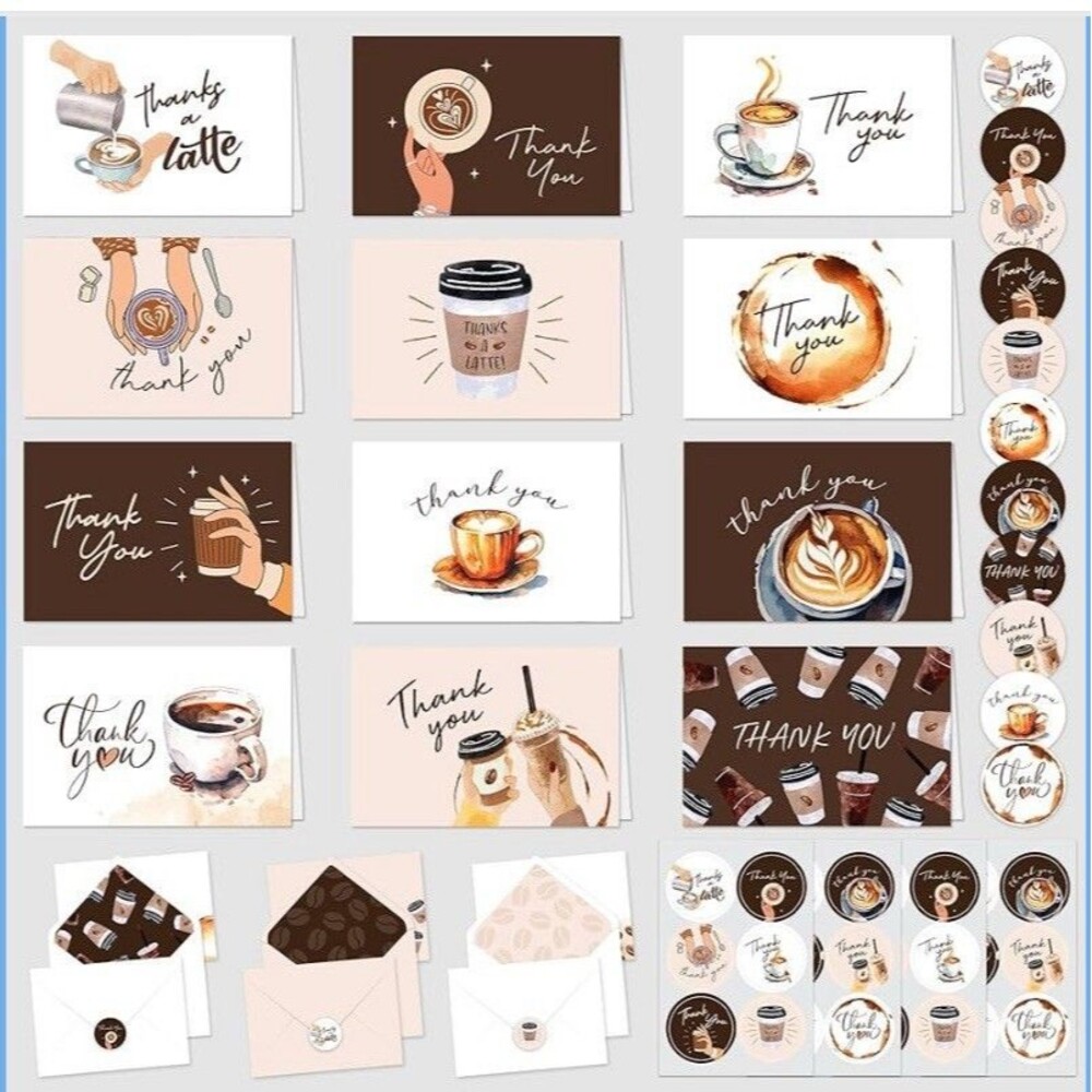 Decorably 24 Pack 6x4in Coffee Thank You Cards, Envelopes, Stickers (12 Designs)